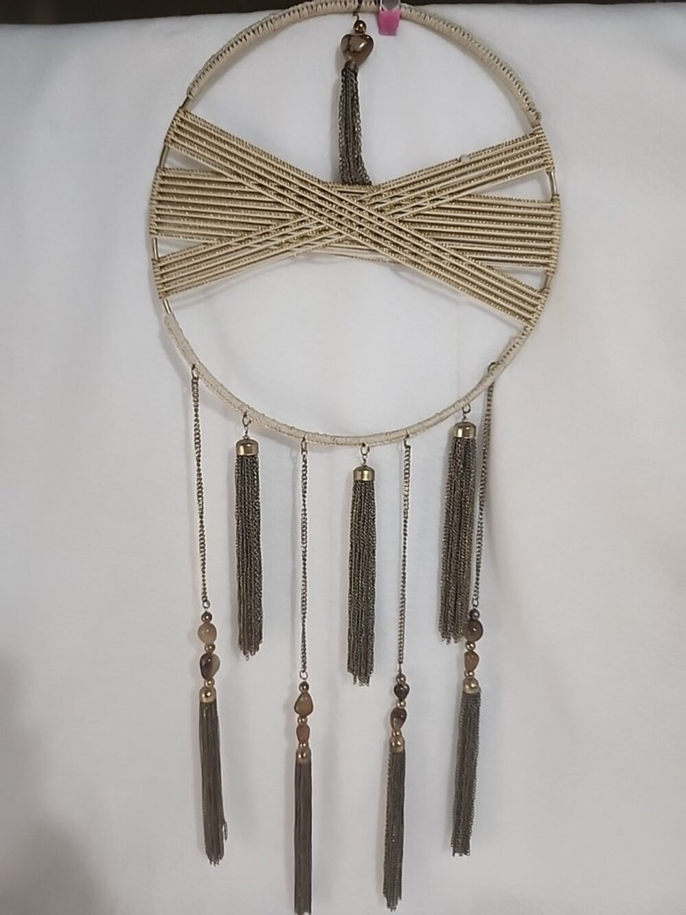 Vtg Brass Macrame Criss Cross Tassel Tiger Eye Wall Hanging Decor Boho Hippie